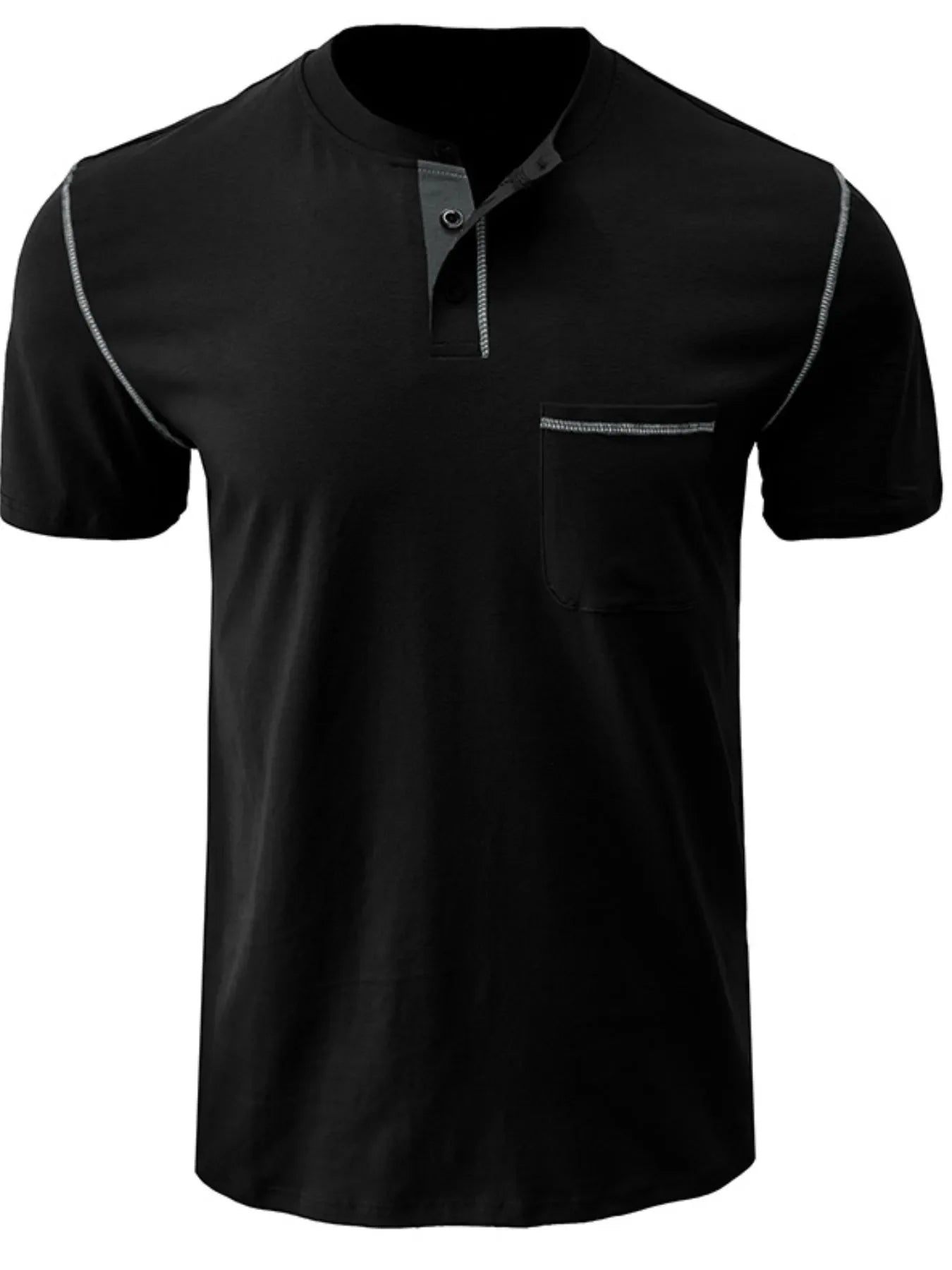 Men's Full Size Casual Henley T-Shirt with Contrast Stitching and Pocket Plus Size