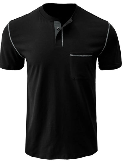 Men's Full Size Casual Henley T-Shirt with Contrast Stitching and Pocket Plus Size