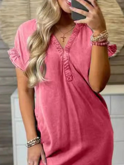 全碼V領短袖牛仔連身裙 大尺寸