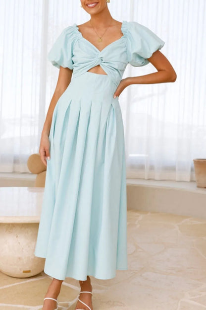 甜美寧靜泡泡袖中長連身裙