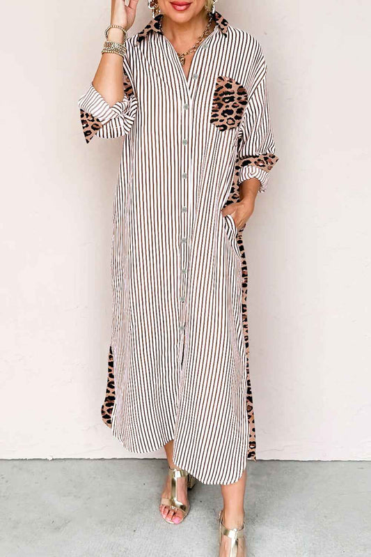Brown Stripe Contrast Leopard Patchwork Long Shirt Dress with Slits