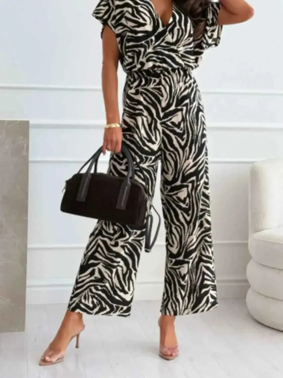 Leopard Print Short Sleeve : Wide Leg Jumpsuit