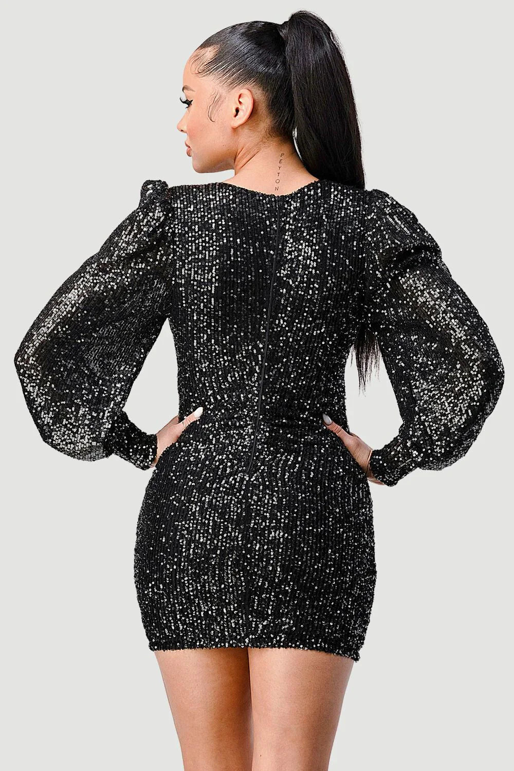 時尚亮片前開襟抽繩主教長袖迷你連身裙