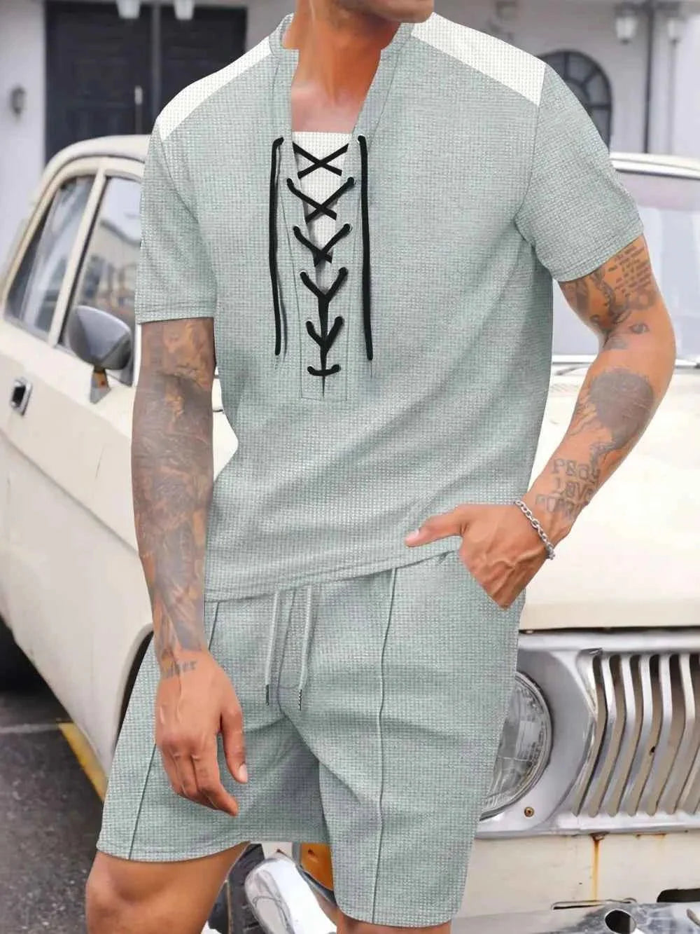 Men's Lace-Up Set Waffle Knit Two-Piece Outfit Plus Size