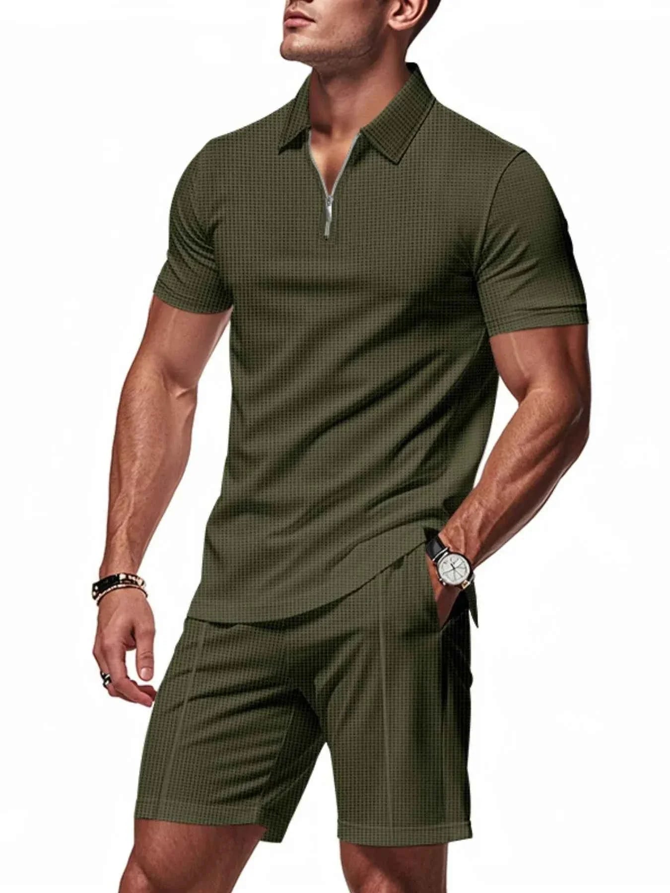 Men's Plus Size Quarter Zip Short Sleeve Top and Shorts Set