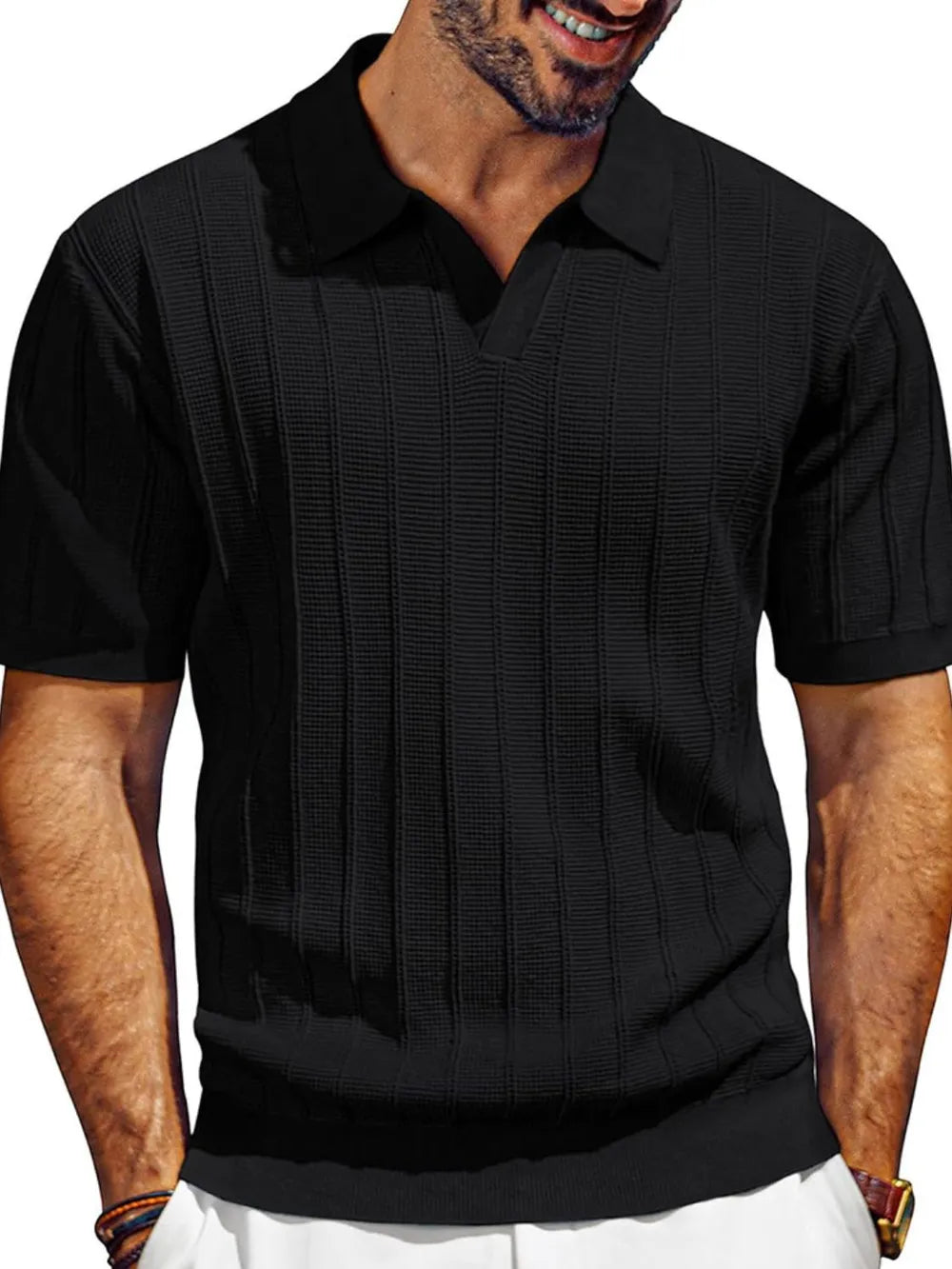 Men's Full Size Textured Collared Neck Short Sleeve Polo Plus Size