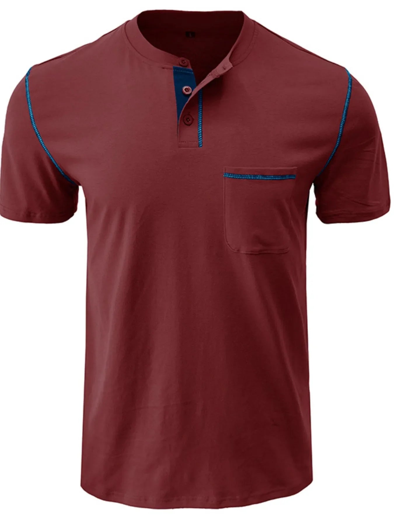 Men's Full Size Casual Henley T-Shirt with Contrast Stitching and Pocket Plus Size