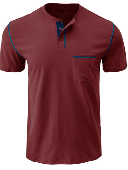 Men's Full Size Casual Henley T-Shirt with Contrast Stitching and Pocket Plus Size