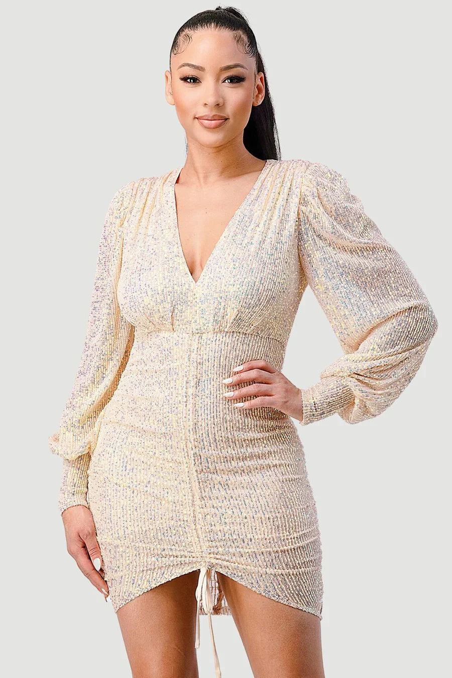 時尚亮片前開襟抽繩主教長袖迷你連身裙