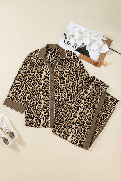 Brown Leopard Collared 3/4 Sleeve Shirt and Loose Pants Two Piece Outfit Set