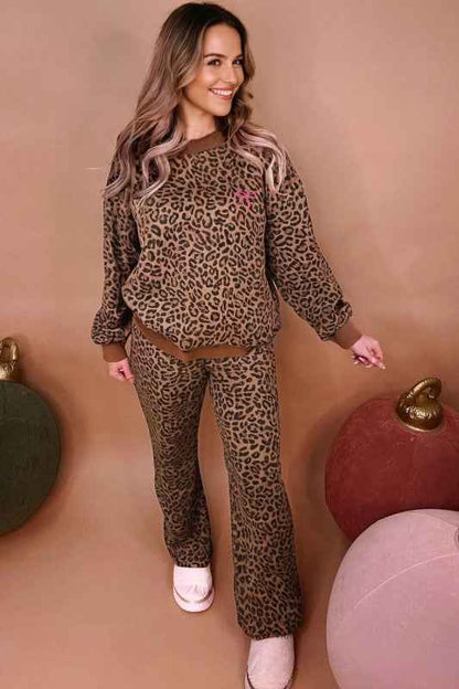 Leopard Contrast Trim Top and Pants Set