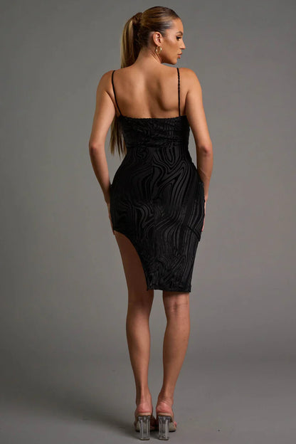 時尚絲絨燒花不對稱及膝連身裙