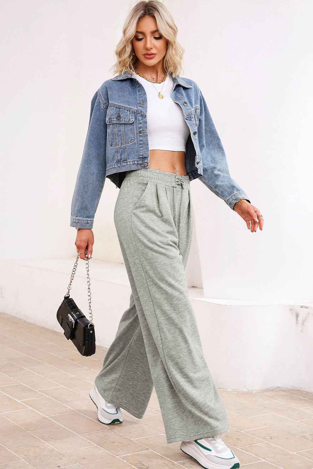 Gray Tied Elastic High Waist Pleated Detail Solid Sweatpants