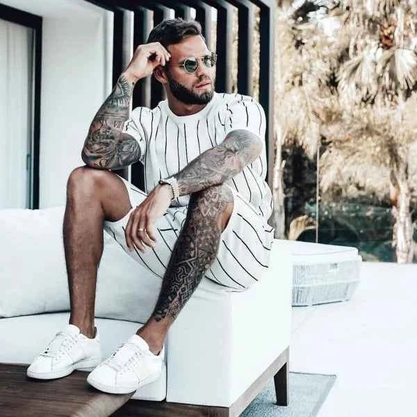 Men's Full Size Striped Casual Top and Shorts Summer Set Plus Size