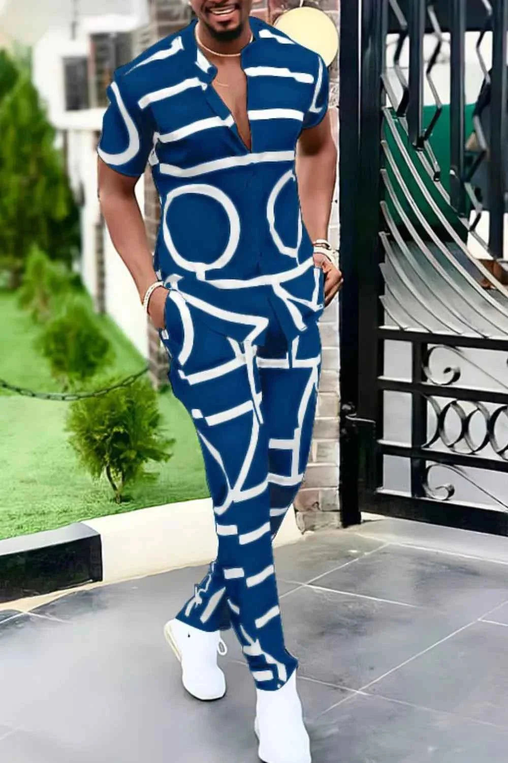 Men's Full Size Geo Print Short Sleeve Top and Pants Set Plus Size