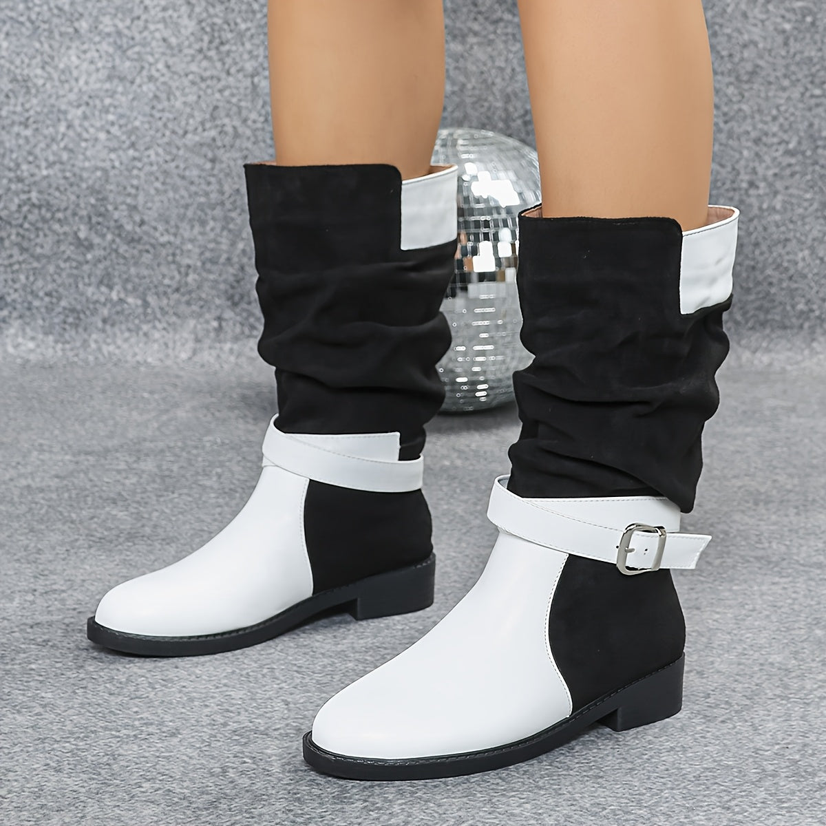 Elegant Black  White ColorBlock Pleated MidCalf Boots