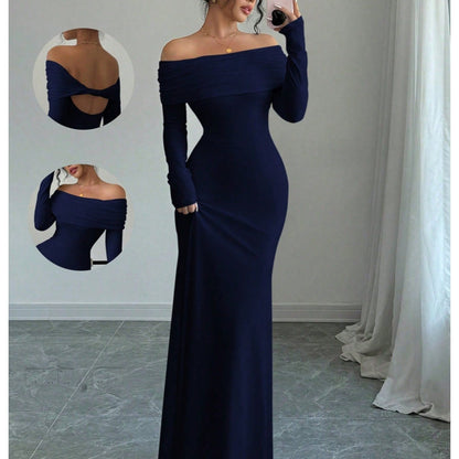 Elegante vestido de noche midi con hombros descubiertos