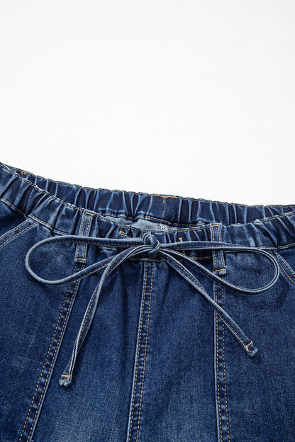 Prussian Blue Drawstring Seam Detail Raw Hem Wide Leg Denim Pants