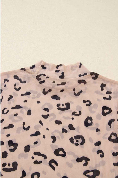 Khaki Mock Neck Sheer Mesh Leopard Long Sleeve Bodysuit