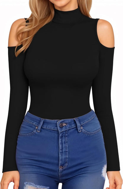HERLOLLYCHIPS Mock Neck Tops for Women Cold Shoulder Long Sleeve Ribbed Knit Tight Stretchy Sexy Dressy Casual T-Shirts