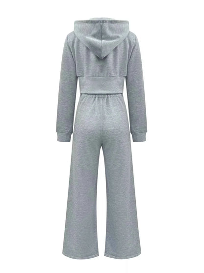 Casual Cropped Hoodie and Wide Leg Pants Set