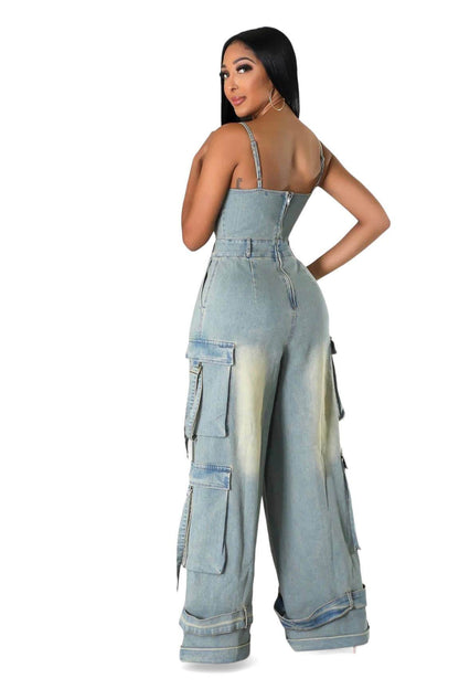 Dirty Wash Denim Jean Cargo Jumpsuit