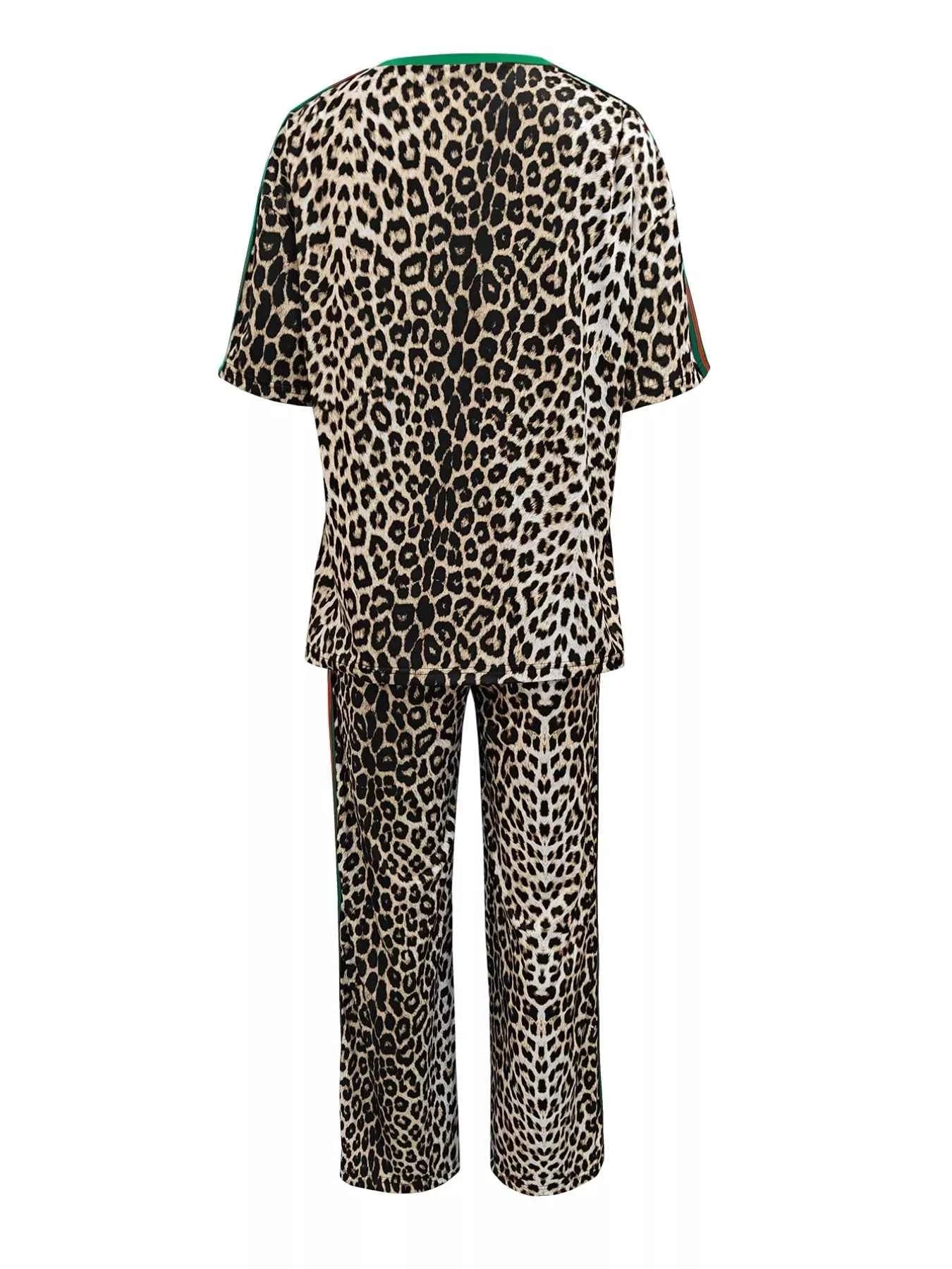 Leopard Round Neck Top and Pants Two-Piece Set