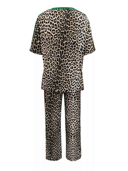 Leopard Round Neck Top and Pants Two-Piece Set