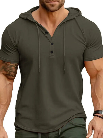 Men's Full Size Casual Hooded Henley T-Shirt Plus Size