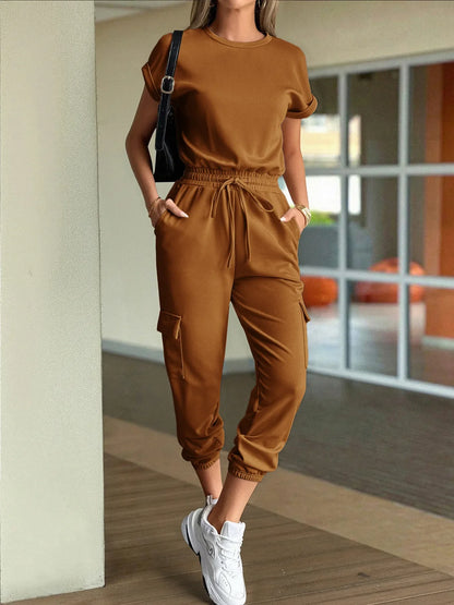 Round Neck Short Sleeve Top and Pants Set