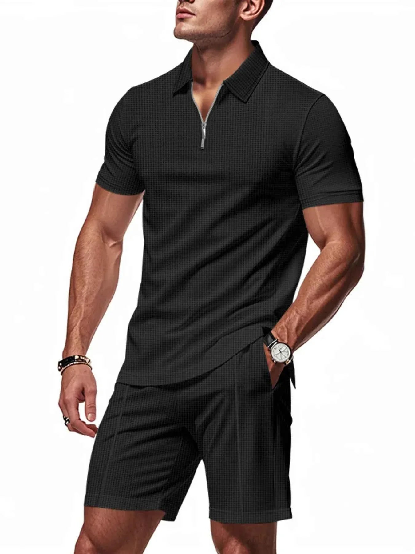 Men's Plus Size Quarter Zip Short Sleeve Top and Shorts Set