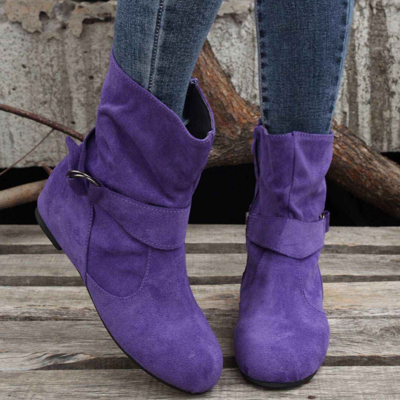 踝靴 圓頭 扣環 皮帶 側邊拉鍊靴