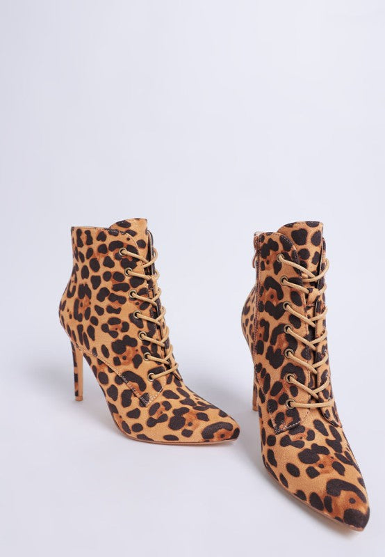 Nesta Leopard Stiletto Heel Lace Up Boots