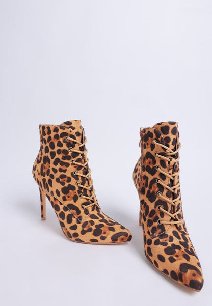 Nesta Leopard Stiletto Heel Lace Up Boots