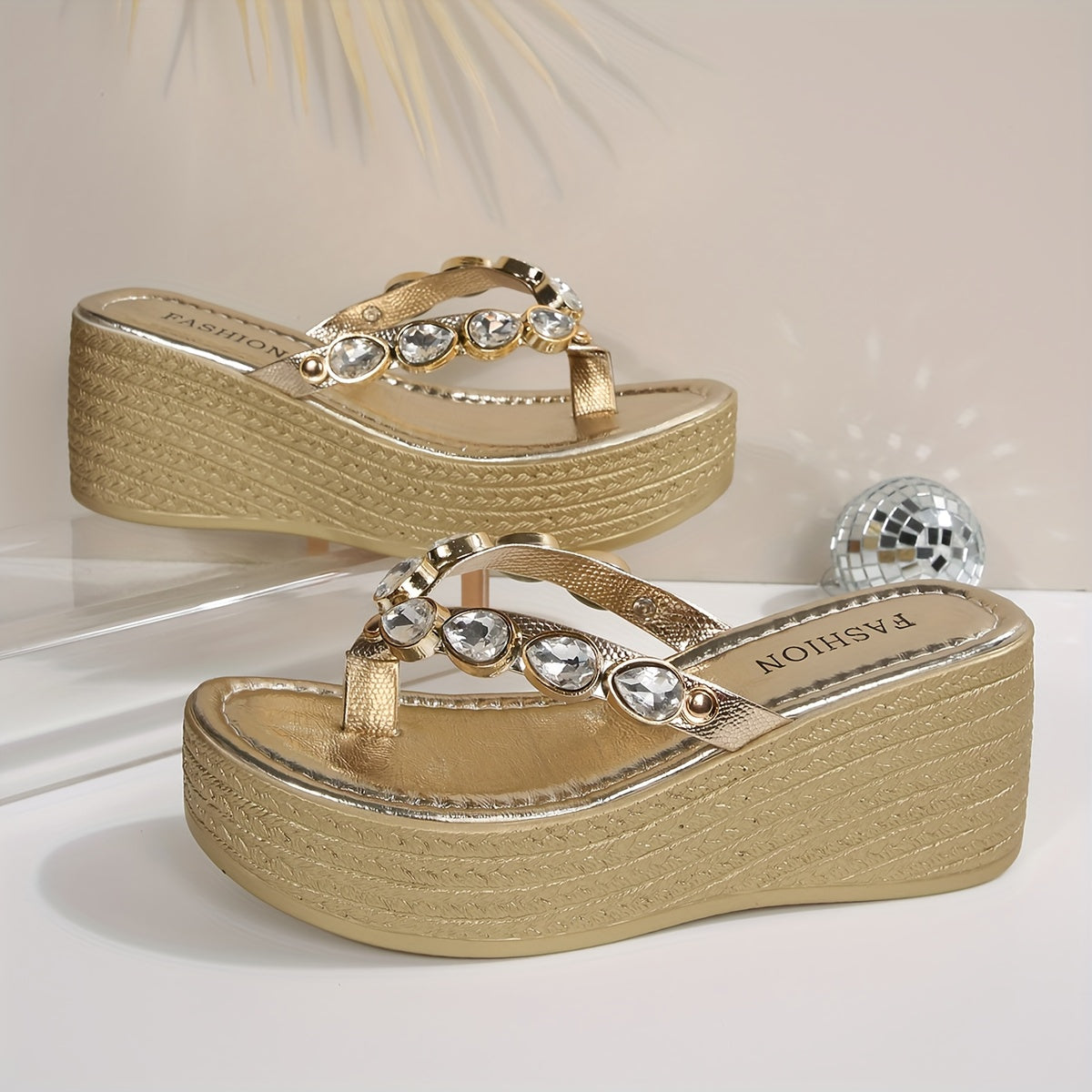 The Wedge-Heeled Flip-Flops with Rhinestones Are Eye-Catching And Glamorous.