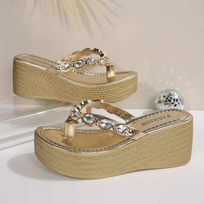 The Wedge-Heeled Flip-Flops with Rhinestones Are Eye-Catching And Glamorous.