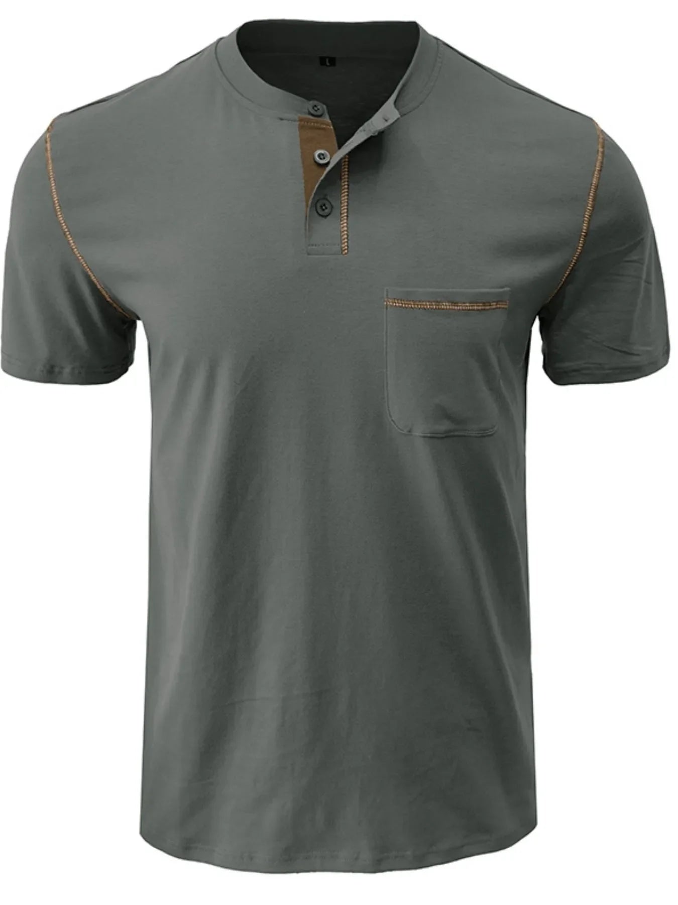Men's Full Size Casual Henley T-Shirt with Contrast Stitching and Pocket Plus Size