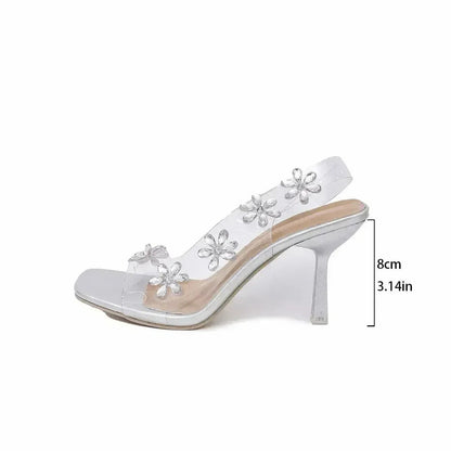 Zapatos de salón con flores transparentes - Tacones de diamantes de imitación - Zapatos de boda de verano