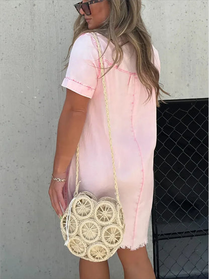 全碼毛邊短袖牛仔連身裙，大尺寸