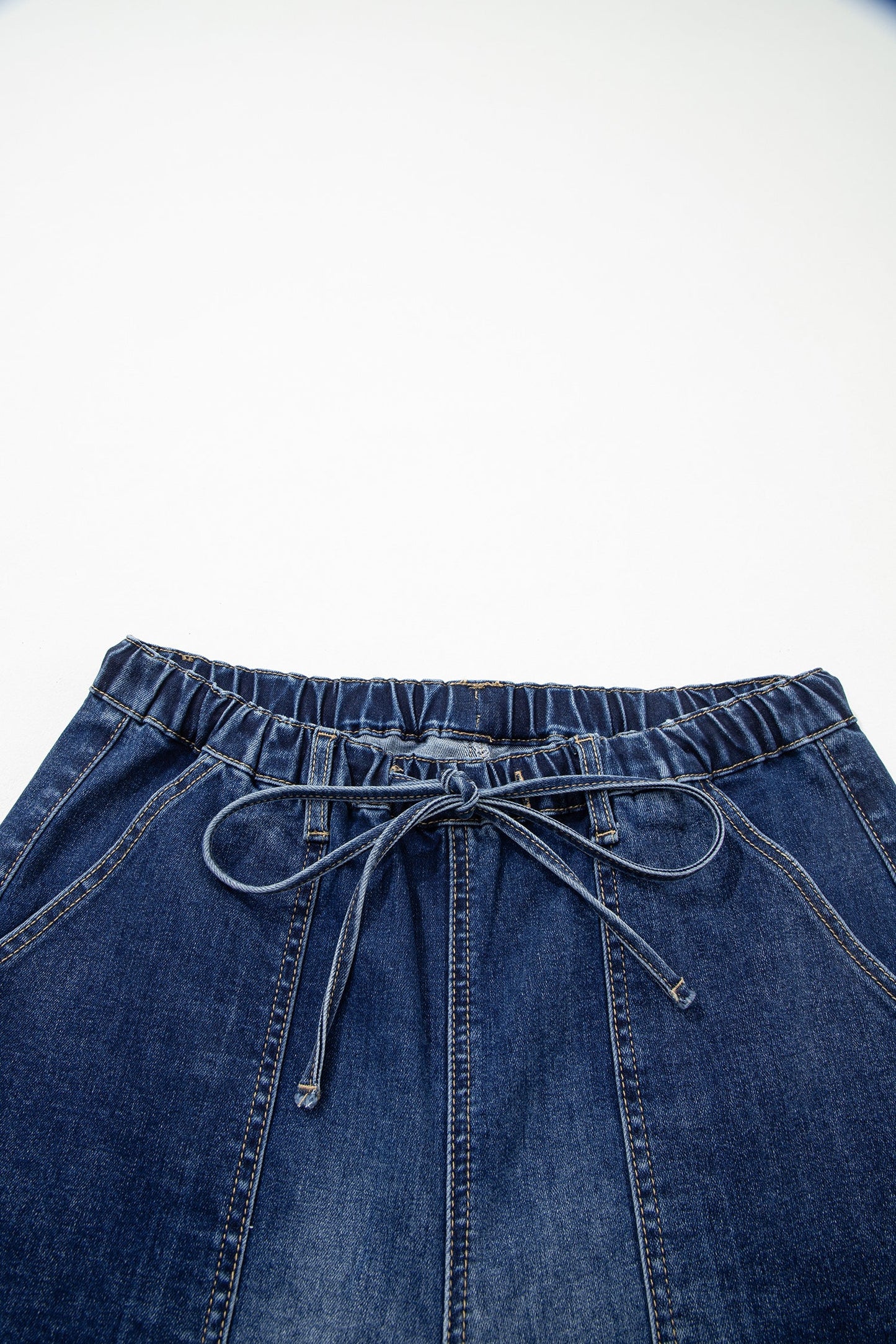 Prussian Blue Drawstring Seam Detail Raw Hem Wide Leg Denim Pants