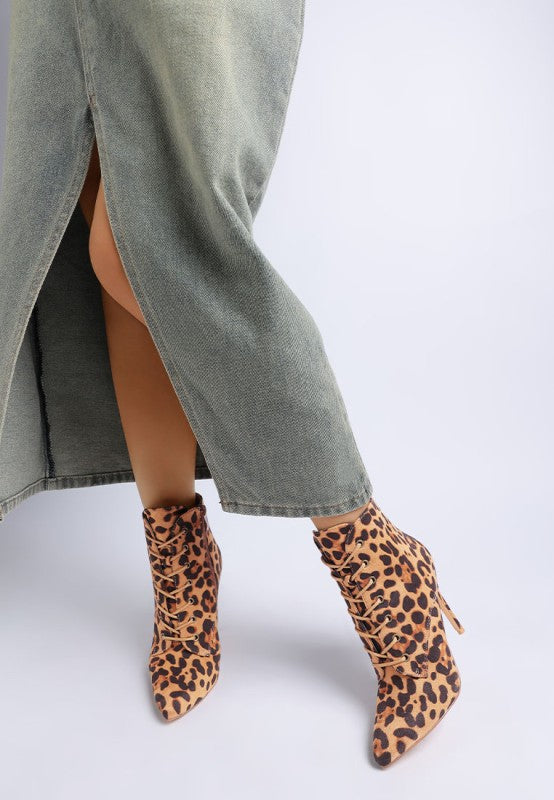 Nesta Leopard Stiletto Heel Lace Up Boots