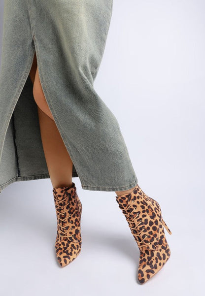 Nesta Leopard Stiletto Heel Lace Up Boots