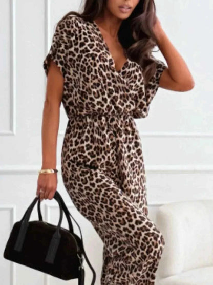 Leopard Print Short Sleeve : Wide Leg Jumpsuit