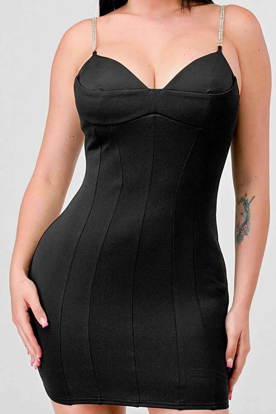 奢華科技風綴飾吊帶緊身迷你連身裙