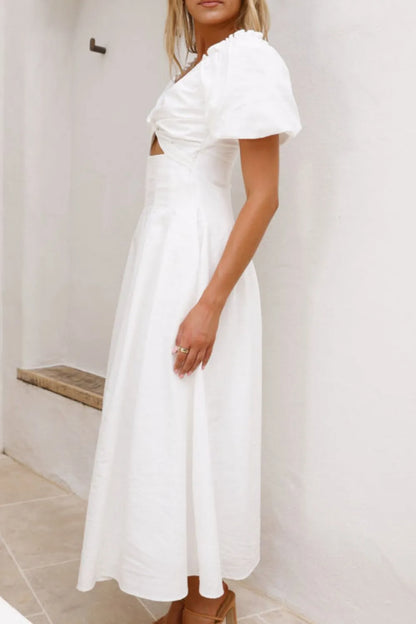 甜美寧靜泡泡袖中長連身裙