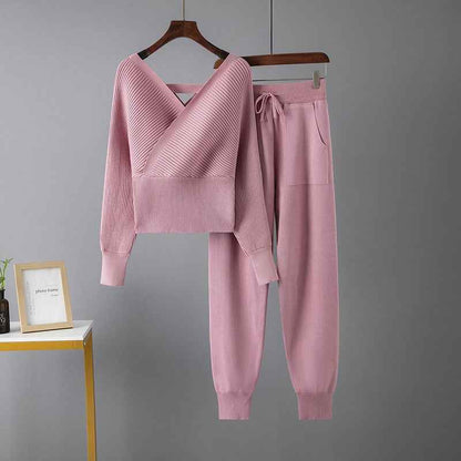 Sexy V-Neck Sweater + Casual Sport Pants Two-Piece Set for Women