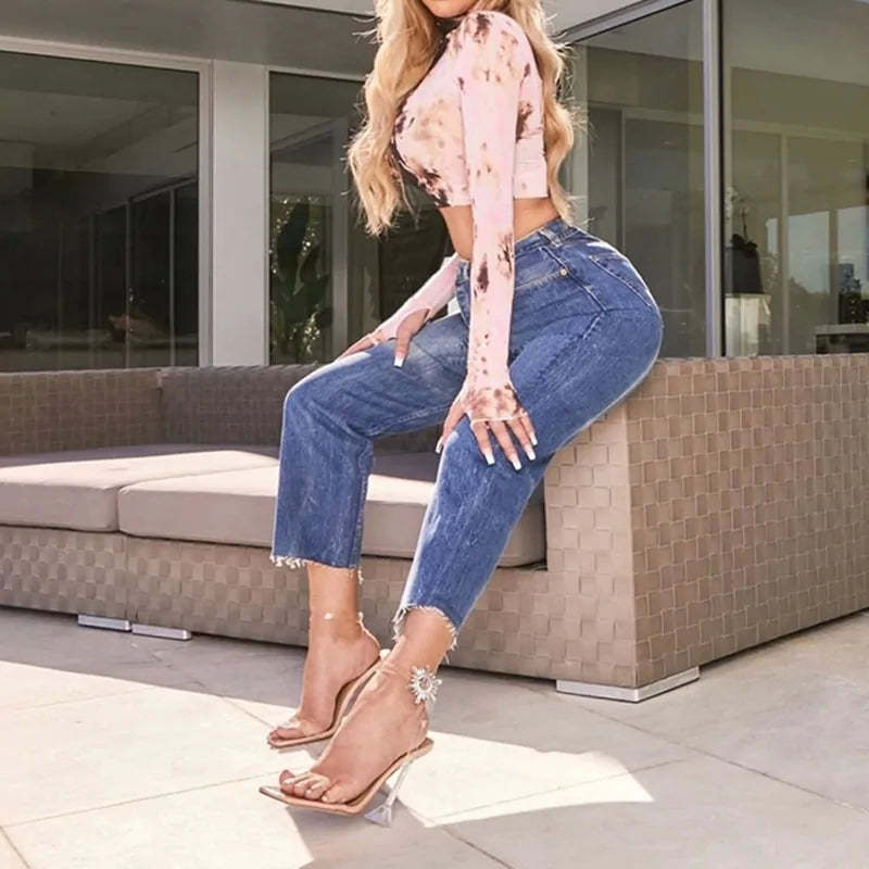 Transparent Open Toe High Heel with Rhinestone Crystal - # GIAA73210008