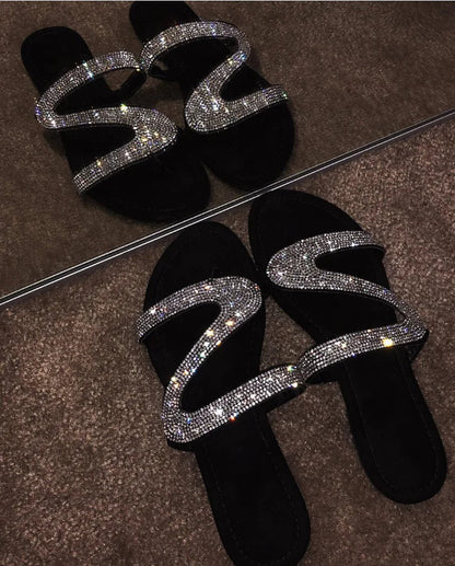 Sandalias y pantuflas planas con diamantes de moda para mujer