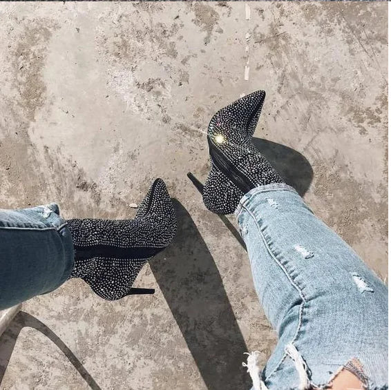 Rhinestone High Heel Boots with Pointed Toe