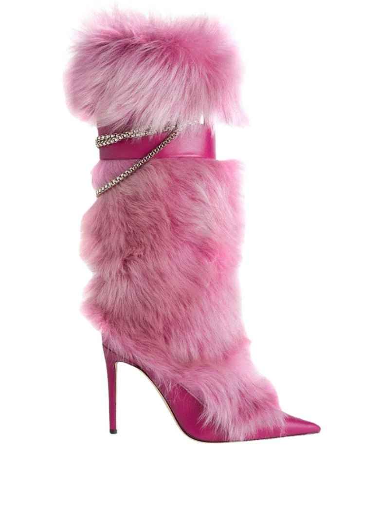 Pink Feather Pointed Toe Stiletto : Chain High Boots